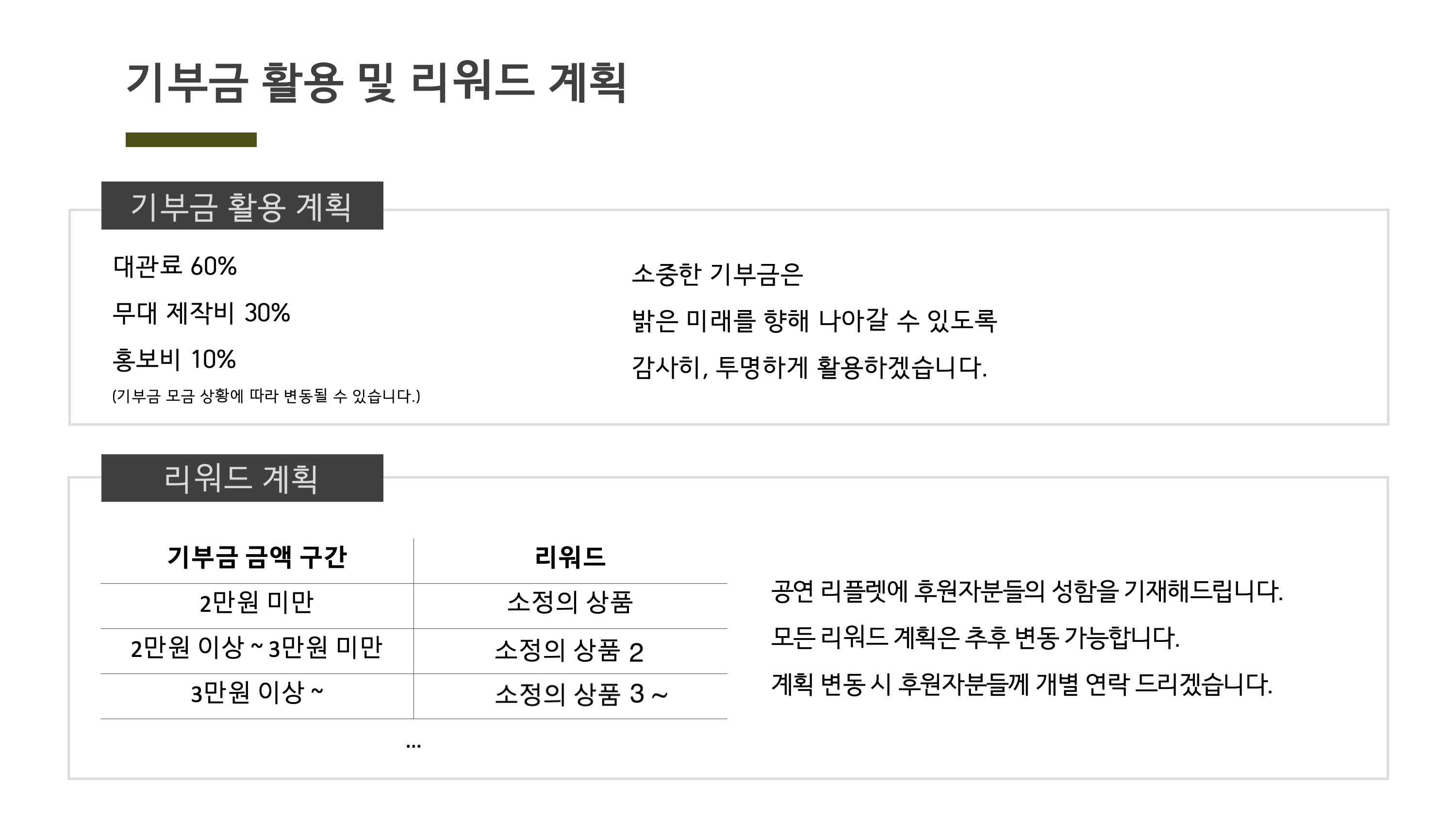 기부금 활용 및 리워드 계획