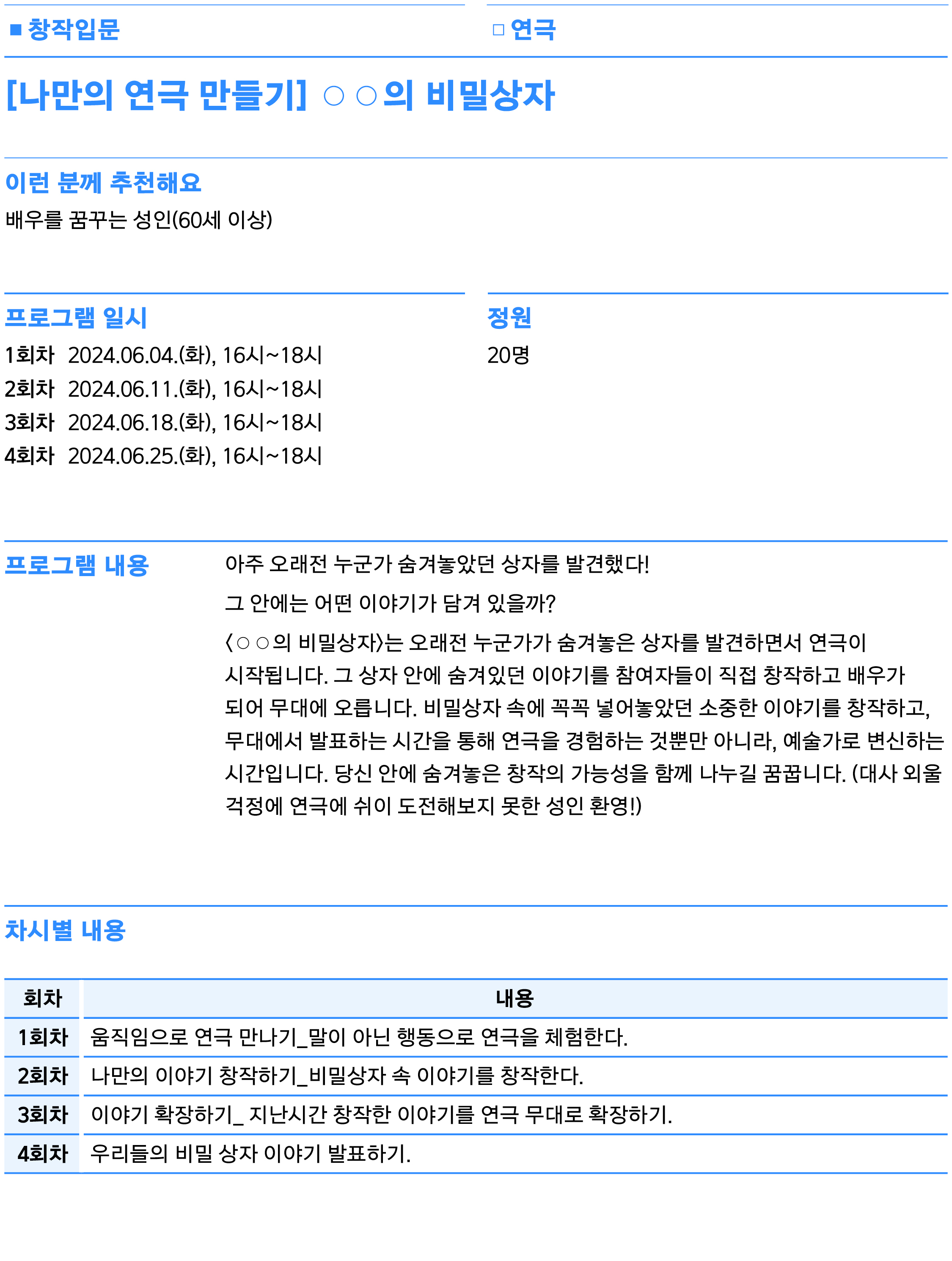  아주 오래전 누군가 숨겨놓았던 상자를 발견했다! 그 안에는 어떤 이야기가 담겨 있을까?  <○○의 비밀상자>는 오래전 누군가가 숨겨놓은 상자를 발견하면서 연극이  시작됩니다. 그 상자 안에 숨겨있던 이야기를 참여자들이 직접 창작하고 배우가  되어 무대에 오릅니다. 비밀상자 속에 꼭꼭 넣어놓았던 소중한 이야기를 창작하고,  무대에서 발표하는 시간을 통해 연