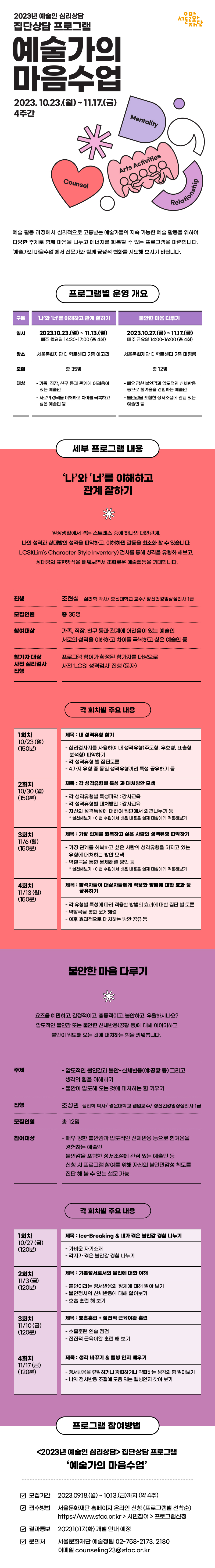 2023 서울문화재단 예술인 집단심리상담 예술가의 마음수업 설명입니다.