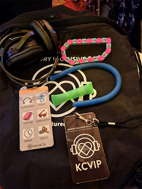 가방에 들어 있는 물건들을 꺼내어 가지런히 올려두었다. 
                헤드셋과 손장난감 등 여러 물건들로 구성되어 있다.