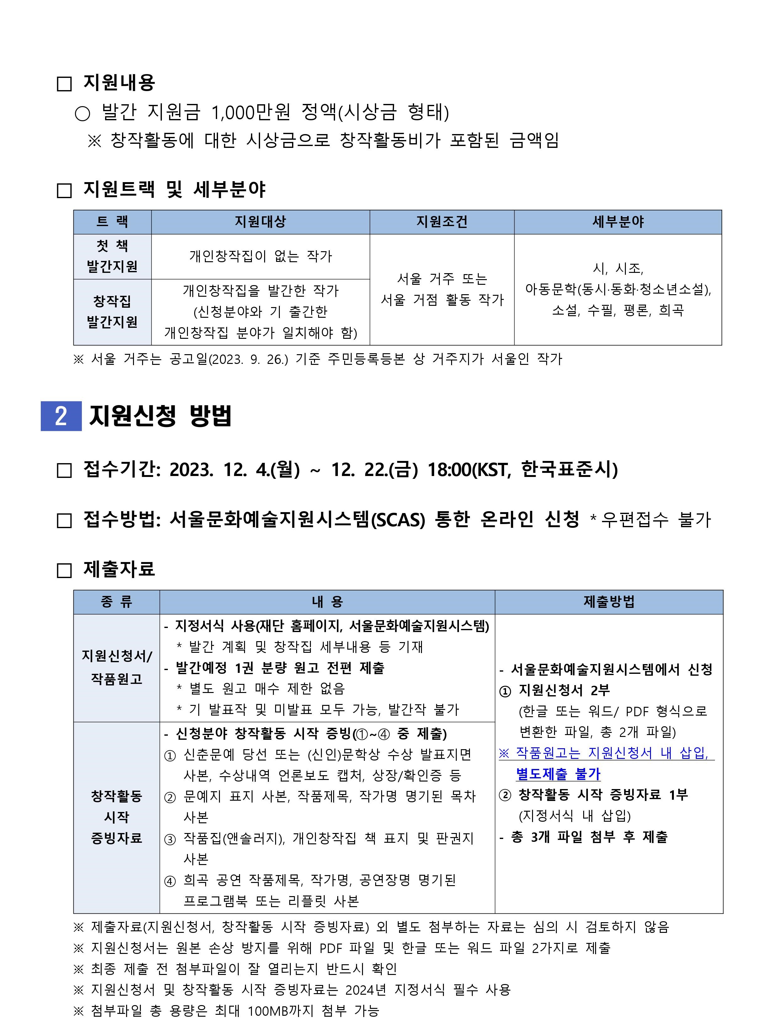 지원내용 ○ 발간 지원금 1,000만원 정액(시상금 형태) ※ 창작활동에 대한 시상금으로 창작활동비가 포함된 금액임 지원트랙 및 세부분야 지원대상 지원조건 트랙 세부분야 첫책 개인창작집이 없는 작가 발간지원 시, 시조, 아동문학(동시·동화·청소년소설), 소설, 수필, 평론, 희곡 서울 거주 또는 서울 거점 활동 작가 창작집 발간지원 개인창작집을 발간한 작가 (신청분야와 기 출간한 개인창작집 분야가 일치해야 함) ※ 서울 거주는 공고일(2023. 9. 26.) 기준 주민등록등본 상 거주지가 서울인 작가 2 지원신청 방법 접수기간: 2023. 12. 4.(월) ~ 12. 22.(금) 18:00 (KST, 한국표준시) □ 접수방법: 서울문화예술지원시스템(SCAS) 통한 온라인 신청 * 우편접수 불가 제출자료종류 지원신청서/ 작품원고 내용 - 지정서식 사용(재단 홈페이지, 서울문화예술지원시스템) * 발간 계획 및 창작집 세부내용 등 기재 발간예정 1권 분량 원고 전편 제출 * 별도 원고 매수 제한 없음 *기 발표작 및 미발표 모두 가능, 발간작 불가 - 신청분야 창작활동 시작 증빙(①~④ 중 제출) ① 신춘문예 당선 또는 (신인문학상 수상 발표지면 사본, 수상내역 언론보도 캡처, 상장/확인증 등 제출방법 - 서울문화예술지원시스템에서 신청 ① 지원신청서 2부 (한글 또는 워드/ PDF 형식으로 변환한 파일, 총 2개 파일) ※ 작품원고는 지원신청서 내 삽입, 별도제출 불가 창작활동 시작 증빙자료 ② 문예지 표지 사본, 작품제목, 작가명 명기된 목차 ② 창작활동 시작 증빙자료 1부 (지정서식 내 삽입) 사본 ③ 작품집(앤솔러지), 개인창작집 책 표지 및 판권지 - 사본 총 3개 파일 첨부 후 제출 ④ 희곡 공연 작품제목, 작가명, 공연장명 명기된 프로그램북 또는 리플릿 사본 ※ 제출자료(지원신청서, 창작활동 시작 증빙자료) 외 별도 첨부하는 자료는 심의 시 검토하지 않음 ※ 지원신청서는 원본 손상 방지를 위해 PDF 파일 및 한글 또는 워드 파일 2가지로 제출 ※ 최종 제출 전 첨부파일이 잘 열리는지 반드시 확인 ※ 지원신청서 및 창작활동 시작 증빙자료는 2024년 지정서식 필수 사용 ※ 첨부파일 총 용량은 최대 100MB까지 첨부 가능