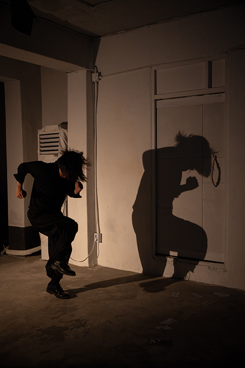 <쇼 팔다>의 공연 사진. 흰 페인트가 칠해진 콘크리트 벽면이 보인다. 
            왼쪽으로 두 개의 기둥이 있고, 그 사이에 스탠드형 에어컨이 놓여 있으며, 기둥의 오른쪽 벽면에는 흰색으로 칠해진 문이 설치되어 있다. 
            그 앞쪽으로 검은 상·하의를 입고 구두를 신은 한 사람이 발을 구르며 뛰어가듯 두 팔을 앞뒤로 들어 올린 채 빠르게 움직인다. 
            그의 그림자가 벽면에 길게 드리워졌다.