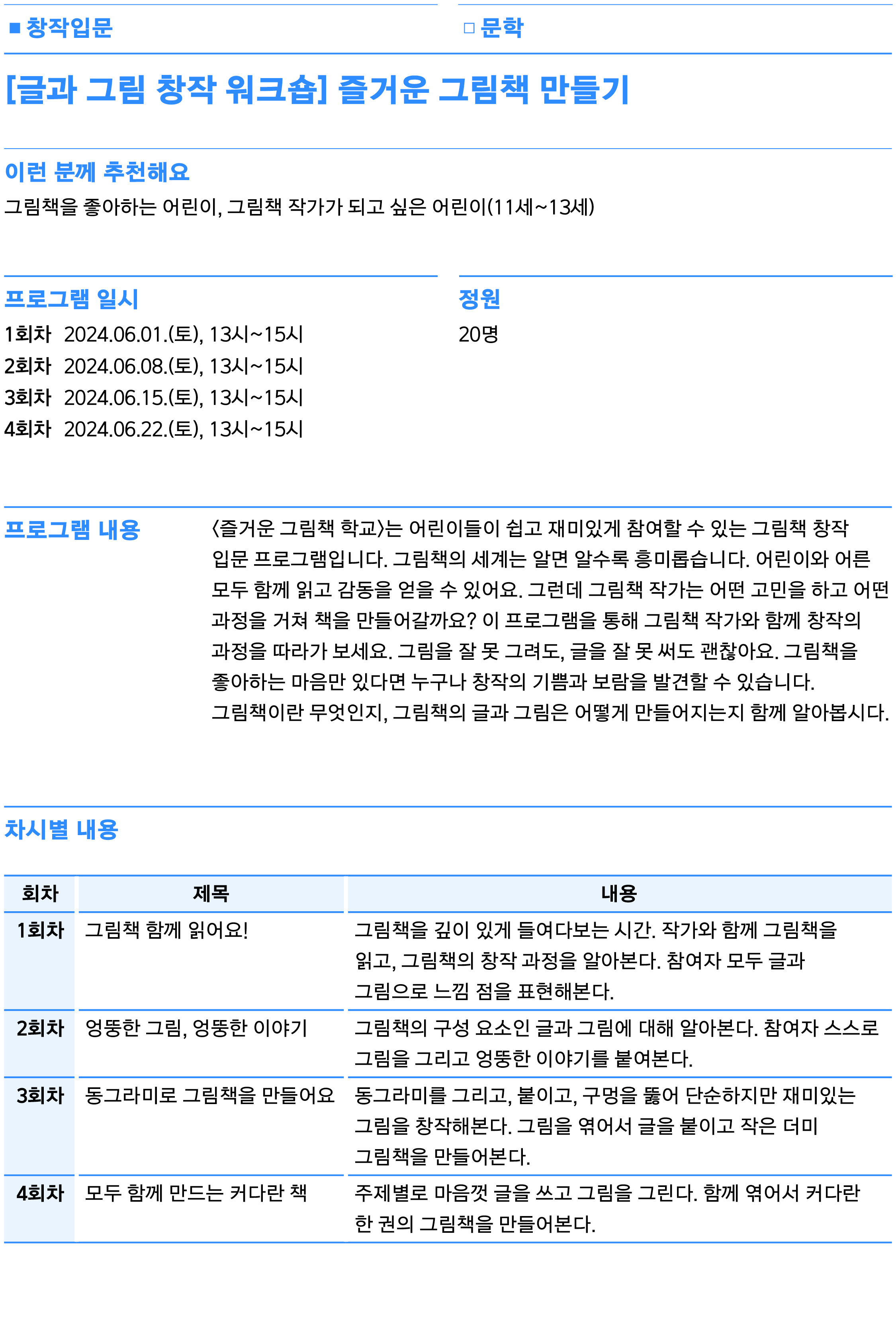<즐거운 그림책 학교>는 어린이들이 쉽고 재미있게 참여할 수 있는 그림책 창작 입문 프로그램입니다. 그림책의 세계는 알면 알수록 흥미롭습니다. 어린이와 어른 모두 함께 읽고 감동을 얻을 수 있어요. 그런데 그림책 작가는 어떤 고민을 하고 어떤 과정을 거쳐 책을 만들어갈까요? 이 프로그램을 통해 그림책 작가와 함께 창작의 과정을 따라가 보세요. 그림을 잘