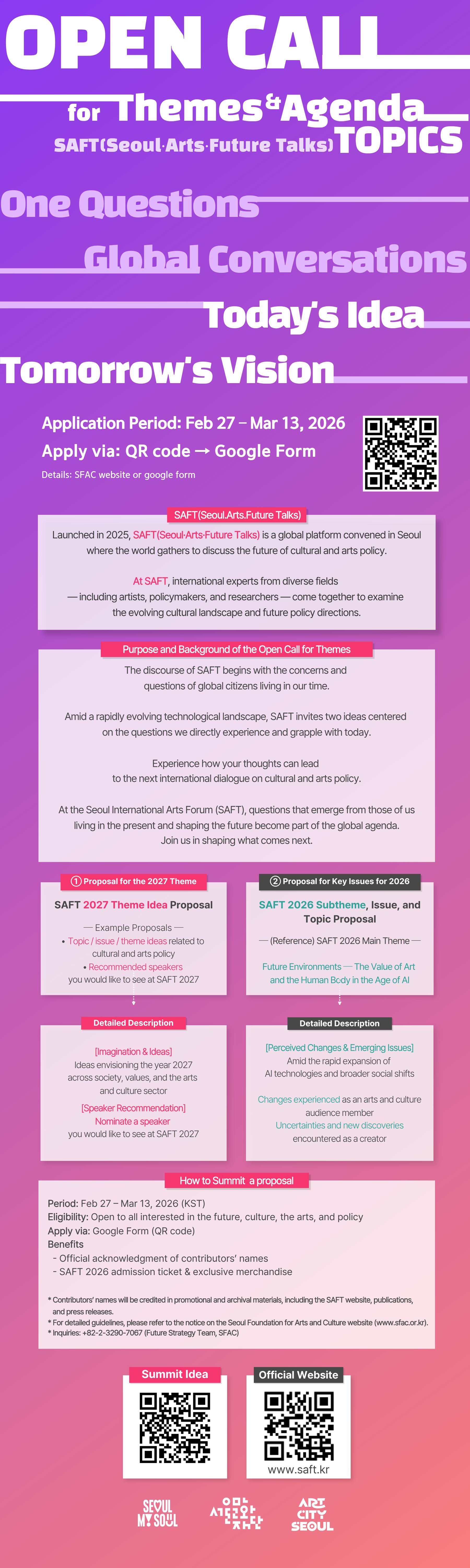 This is the web flyer for the Seoul International Arts Forum (SAFT) Global Citizen Open Call for Themes.