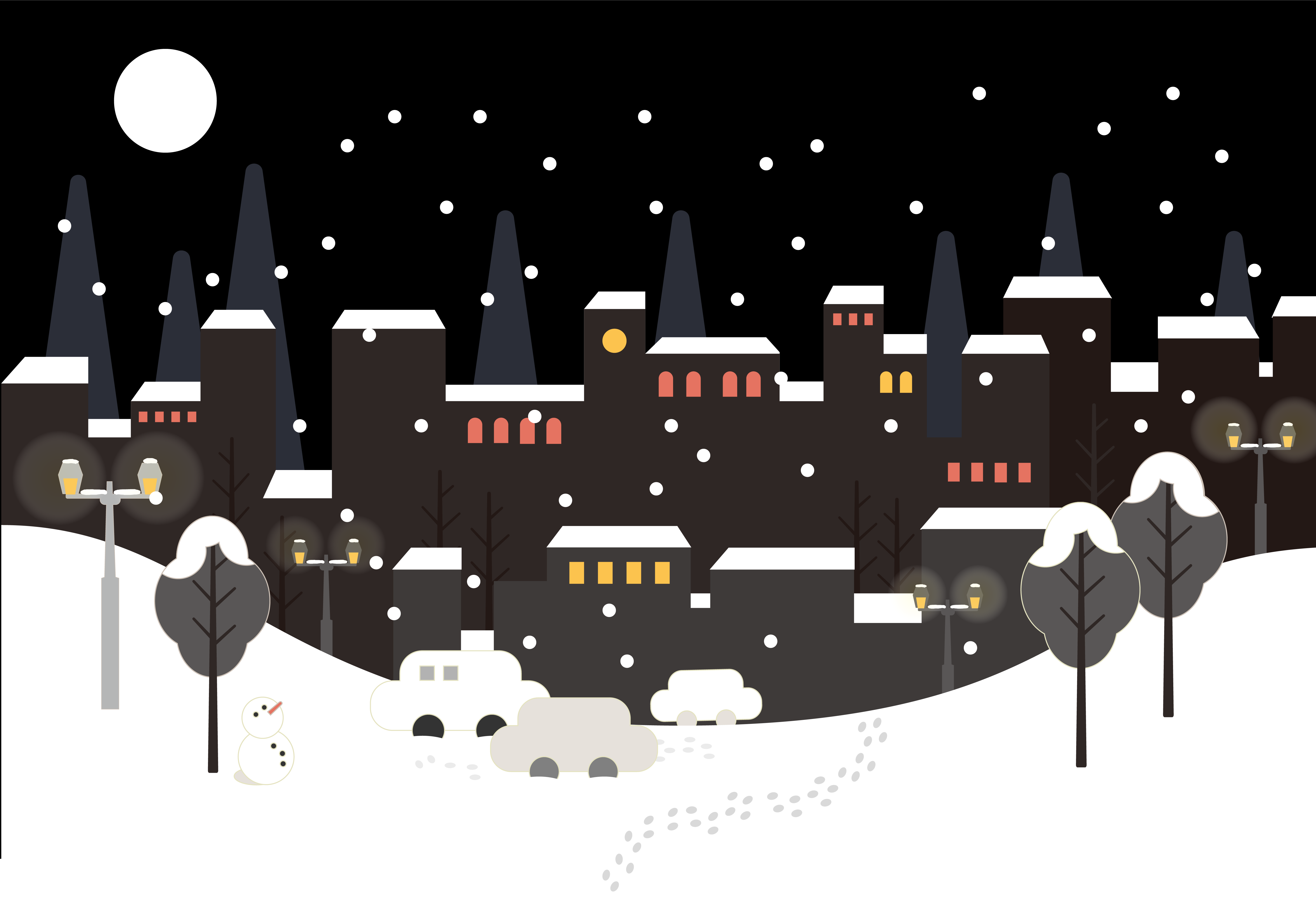검은 밤하늘에 눈이 내린다. 하얗게 뜬 달 아래로 하얀 눈송이들이 내려오고 있으며 건물의 윗면, 차의 윗면, 나무의 윗면에는 눈들이 덮여 있다. 나무 아래에는 작은 눈사람이, 하얗게 뒤덮인 땅 위에는 ‘눈초밥’이 된 차들과 회색 발자국들이 있다.      