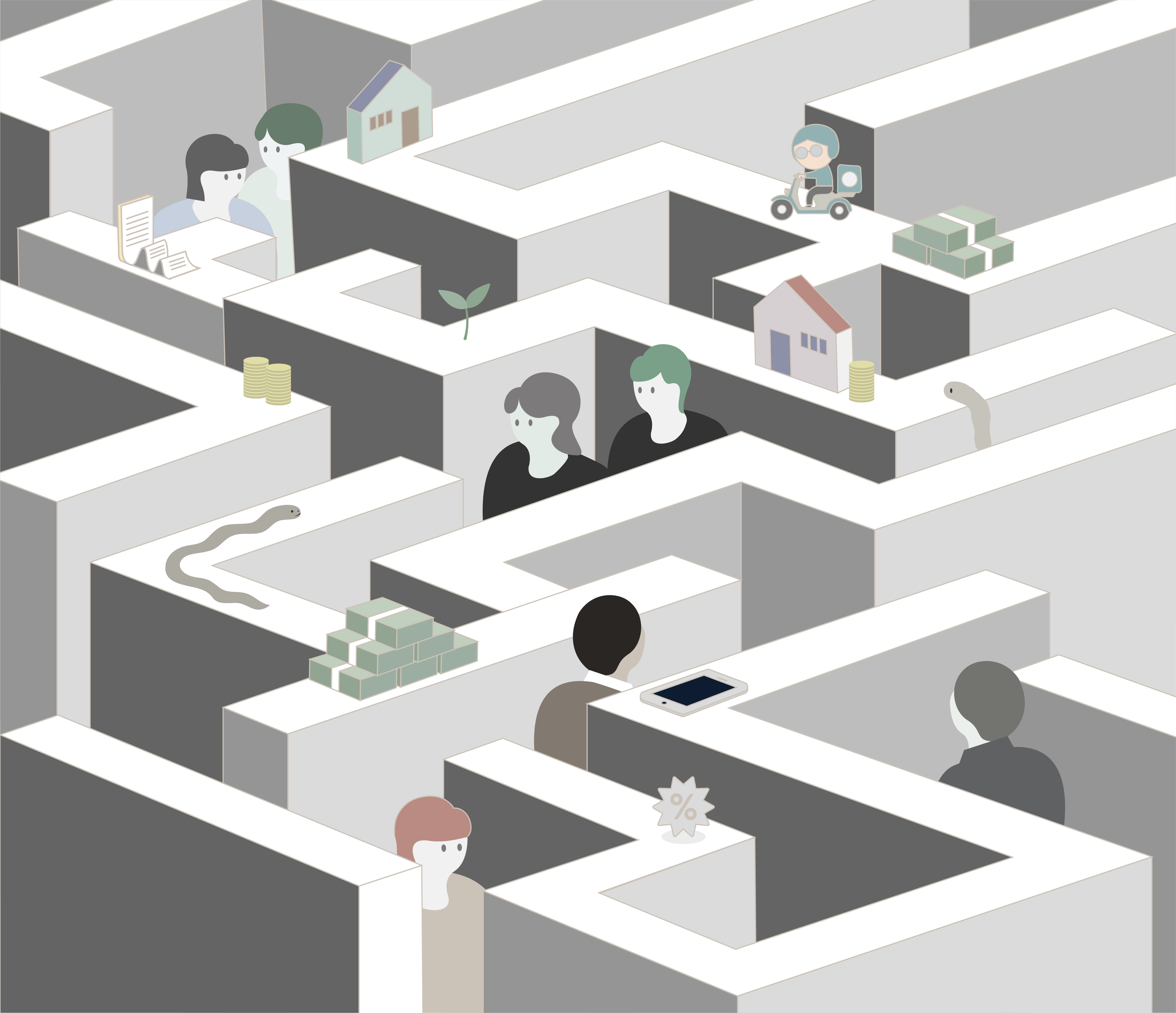 사람들이 잿빛의 미로 속을 헤매고 있다. 미로 위에는 지폐더미, 동전들, 새싹, 영수증, 집, 뱀, 퍼센트(%) 기호, 스마트폰 등이 놓여있고 오토바이 배달원도 그 미로 위를 오가고 있다. 누군가는 막다른 길 앞에 서 있고, 누군가는 함께 길을 찾는다. 미로는 눈높이만큼 높고, 이미지 안에서 출구는 보이지 않는다. 