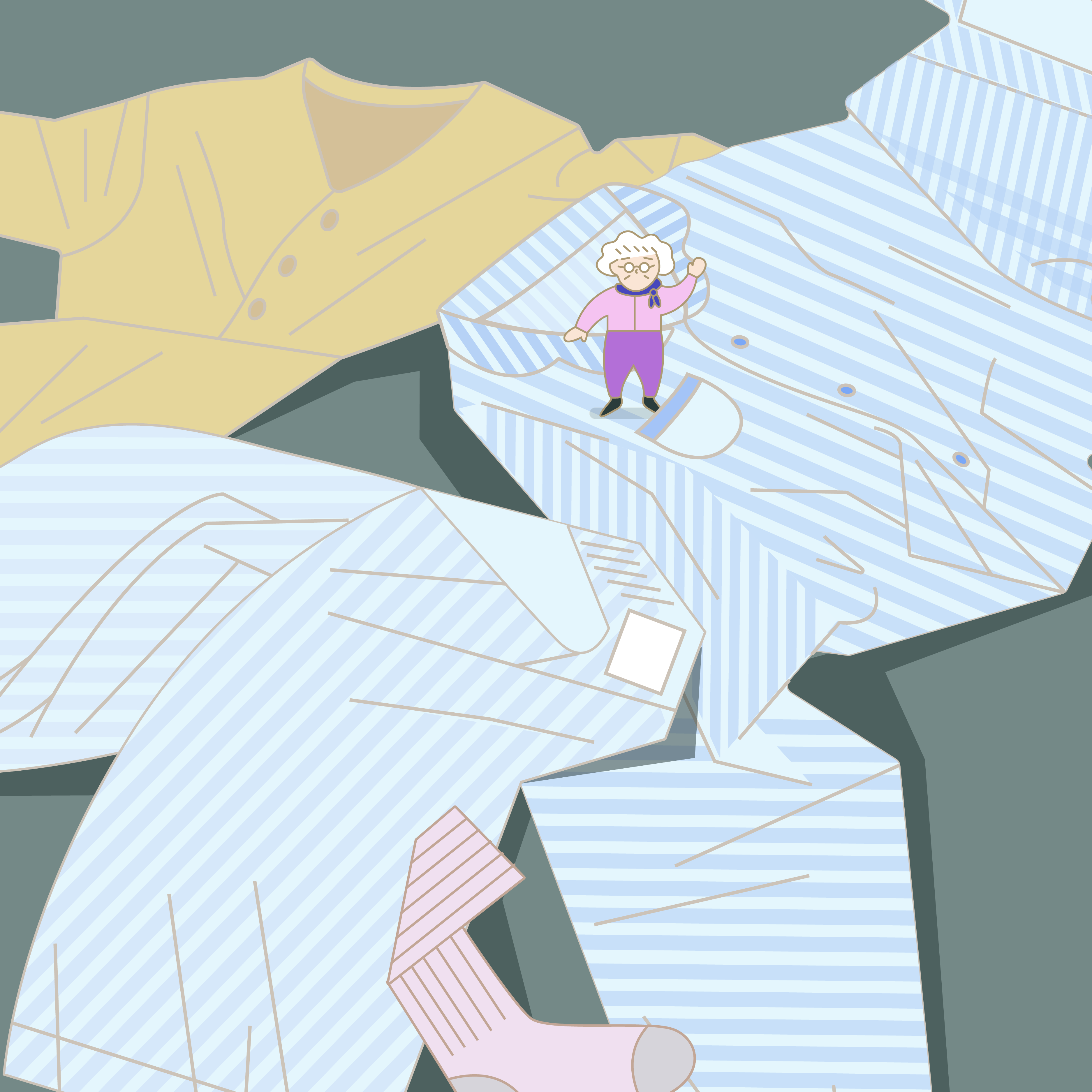 바닥에 여러 벌의 옷과 분홍색 양말 한 짝이 널려 있다. 그중 줄무늬 잠옷 주머니 위에는 엄지손가락만큼 아주 작아진 할머니가 서 있다. 분홍색 상의를 입고 목에 손수건을 두른 할머니는 한쪽 손을 들어 반갑게 흔들고 있다.