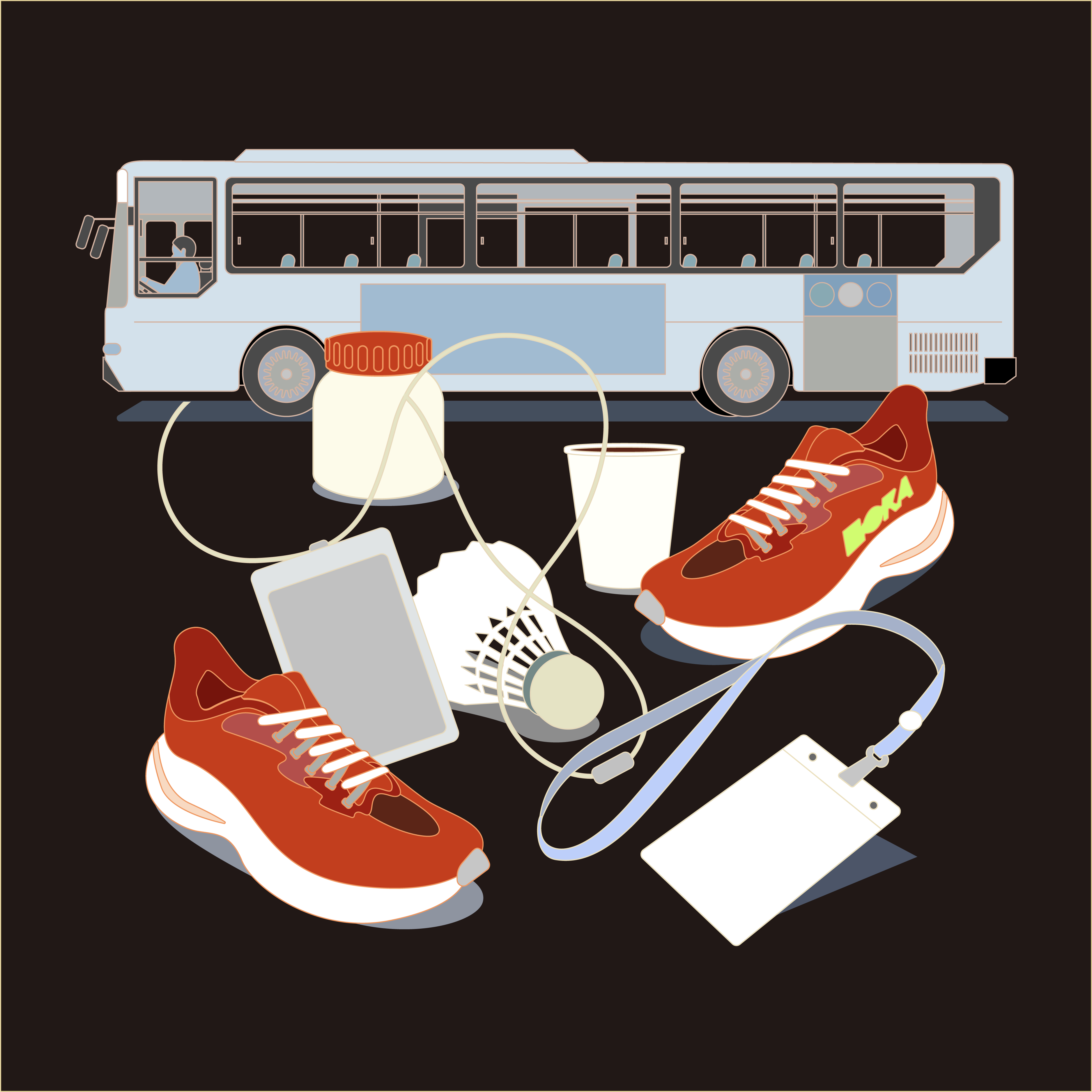 운동화 한 켤레, 출입증 목걸이, 셔틀콕, 종이컵, 약통 등이 흩어져 있다. 그 뒤로 마을버스 한 대가 보인다. 운전석에 기사가 앉아 있고, 좌석은 모두 비어 있다. 