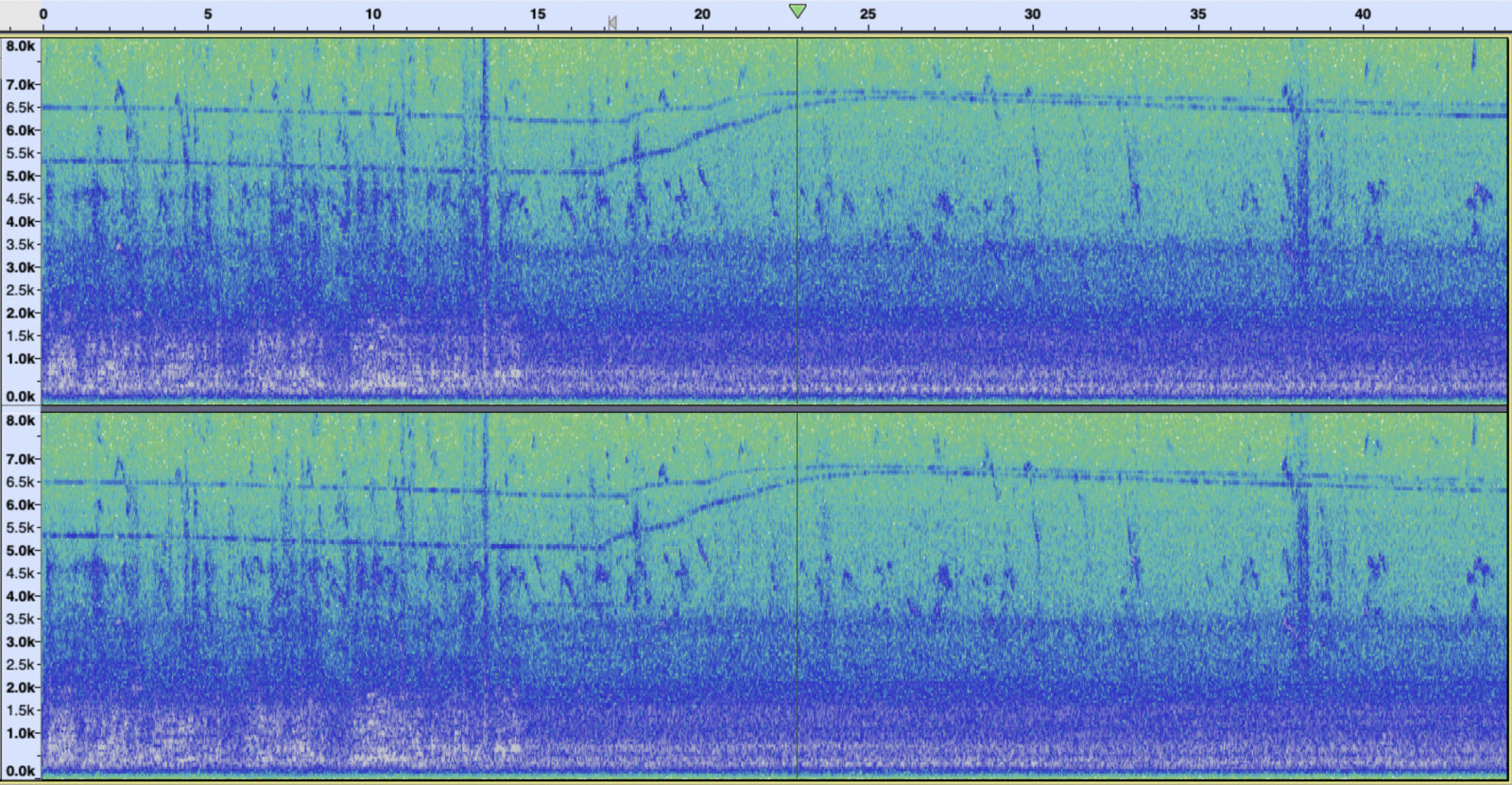〈멀리 신호 소리〉라 이름 붙여진 소리의 스펙트로그램 이미지. 표의 하단은 푸른색 계열, 상단은 초록색 계열로 이루어져 있으며 좌에서 우로 향하는 가느다란 선 두 줄이 보인다. 
