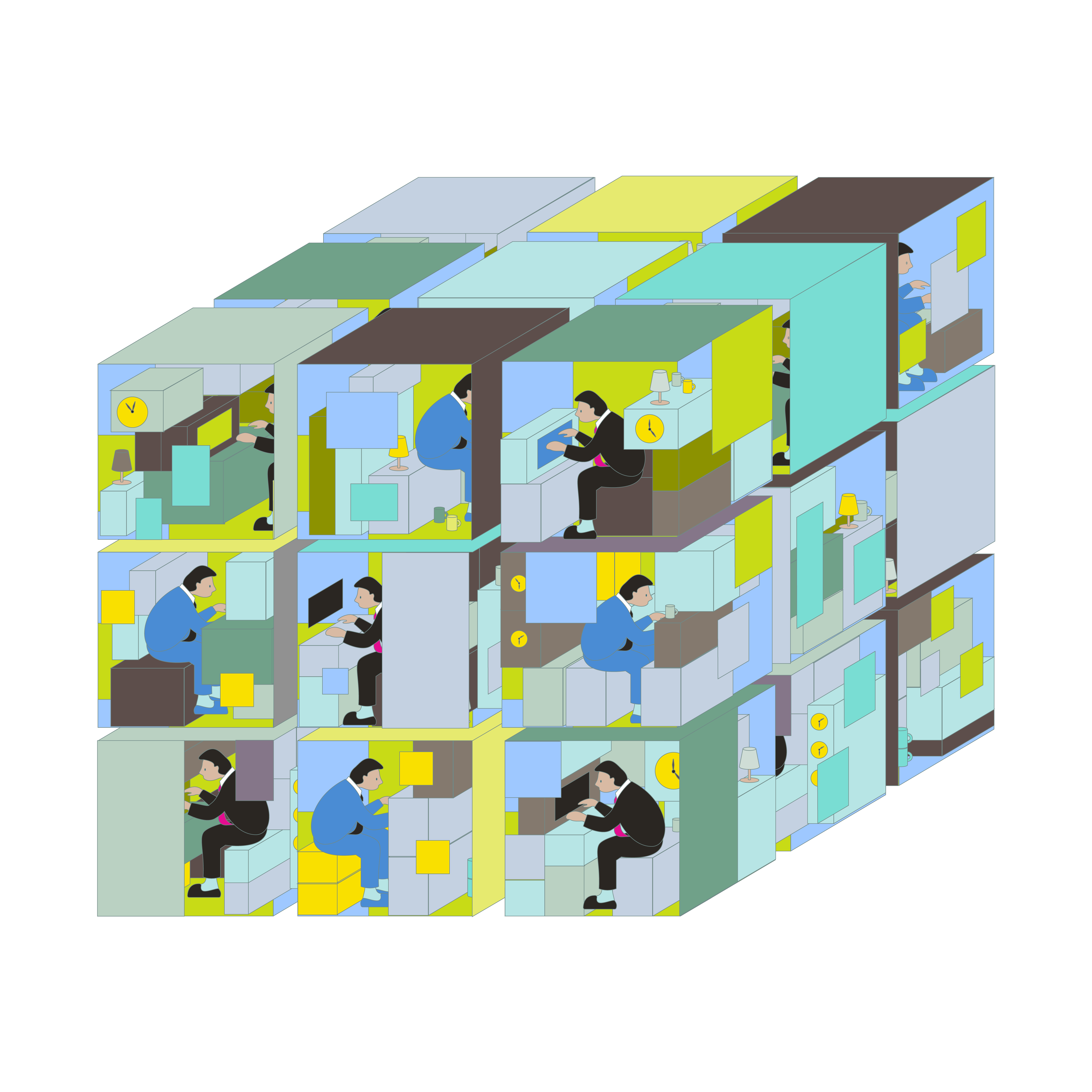 여러 개의 작은 방이 큐브 형태로 겹겹이 쌓여 있다. 각 방 안에는 책상과 칸막이에 둘러싸인 사람들이 비슷한 자세로 앉아 일하고 있다.