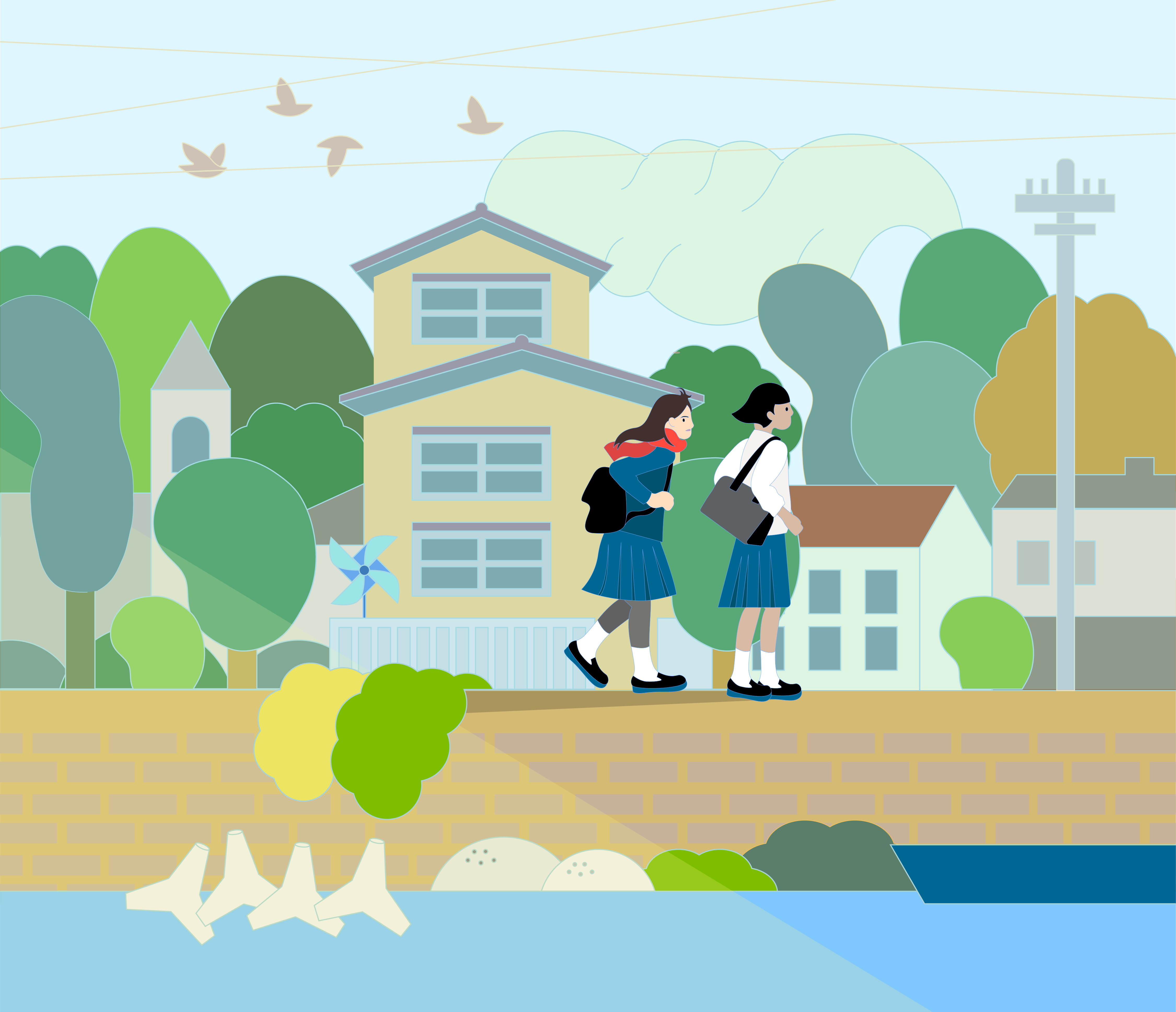 두 사람이 바닷가 마을을 지나고 있다. 빨간 목도리를 한 소녀와 검은 단발의 소녀가 교복 차림으로 가방을 메고 나란히 걷는다. 뒤로는 낮은 주택 건물, 나무, 하늘이 펼쳐져 있다.