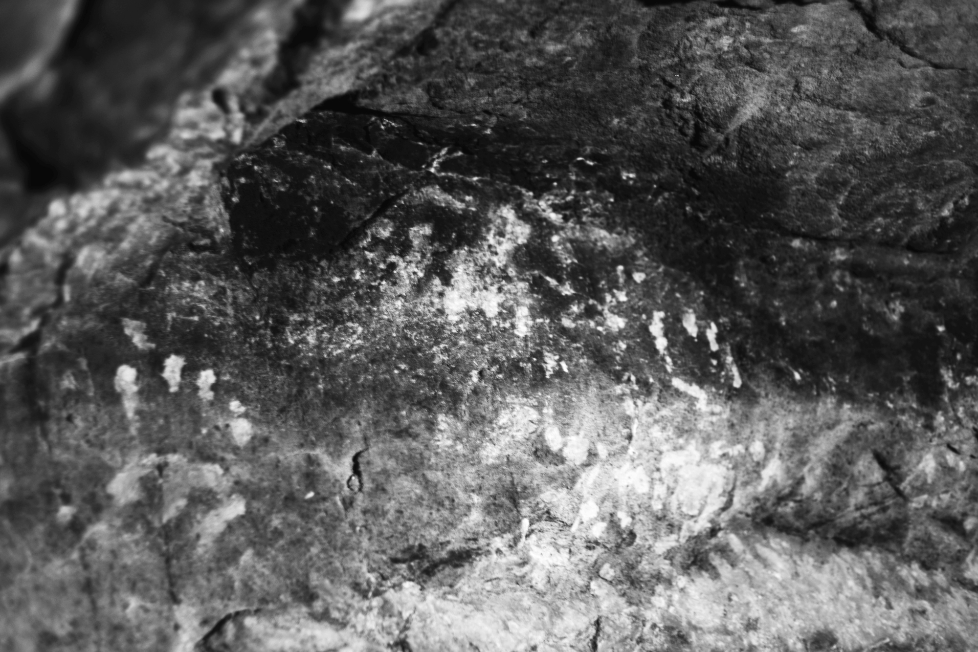 동굴 벽면의 거친 질감을 가까이서 포착한 흑백 사진이다. 화면 상단은 어둡고 단단한 암석의 덩어리가 차지하고 있으며, 하단부는 터뜨린 플래시 조명의 직접적인 영향으로 눈부시게 하얗게 반사되어 있다. 이 강렬한 빛은 울퉁불퉁한 암벽의 표면과 미세한 입자들, 그리고 그 위에 새겨진 절박한 손바닥 자국들은 어느 존재의 흔적처럼 처절하게 드러난다.