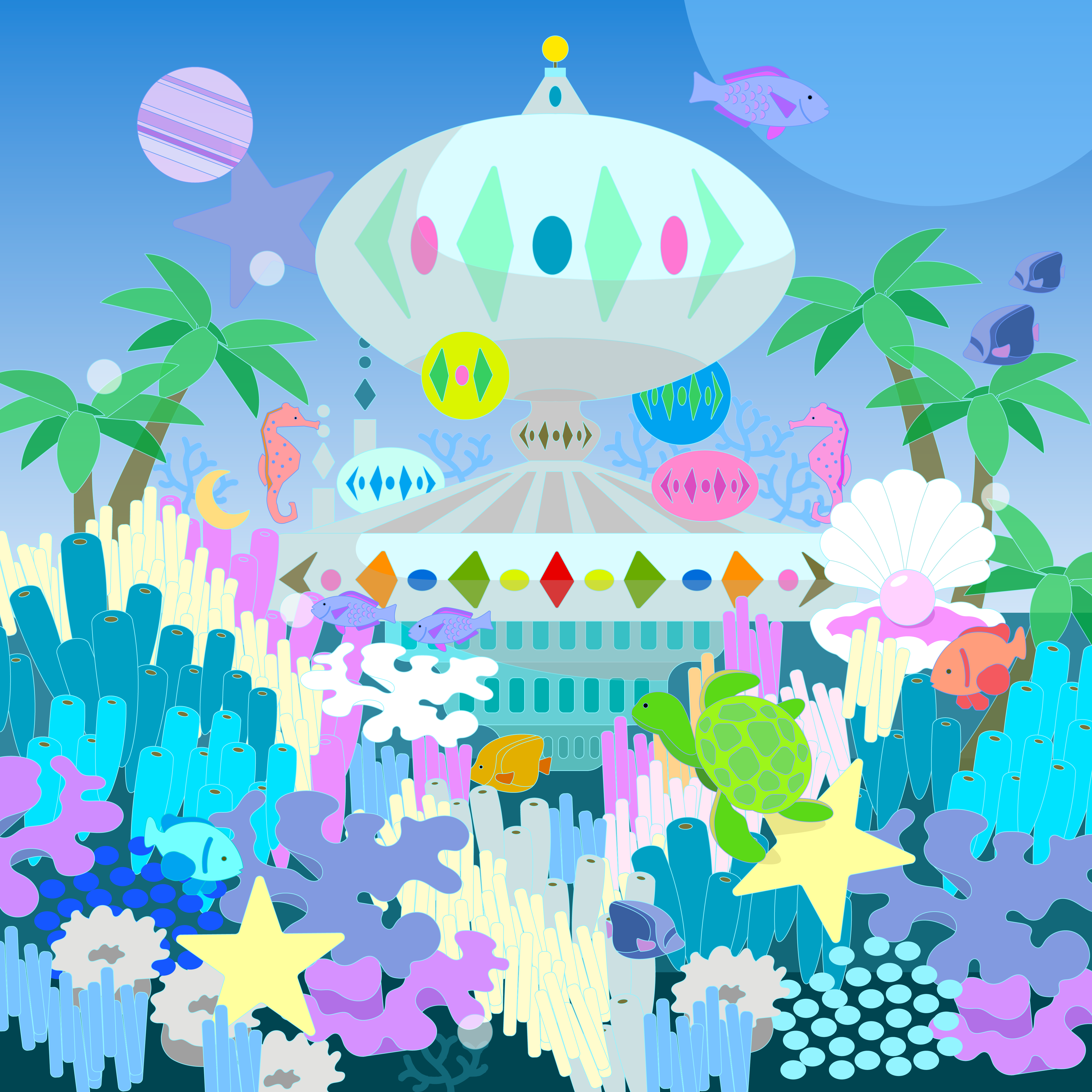 바닷속에 형형색색의 산호와 물고기, 거북이와 해마가 헤엄친다. 멀리 궁전처럼 보이는 둥근 지붕의 건물이 보인다. 신비롭고 환상적인 분위기가 풍긴다.