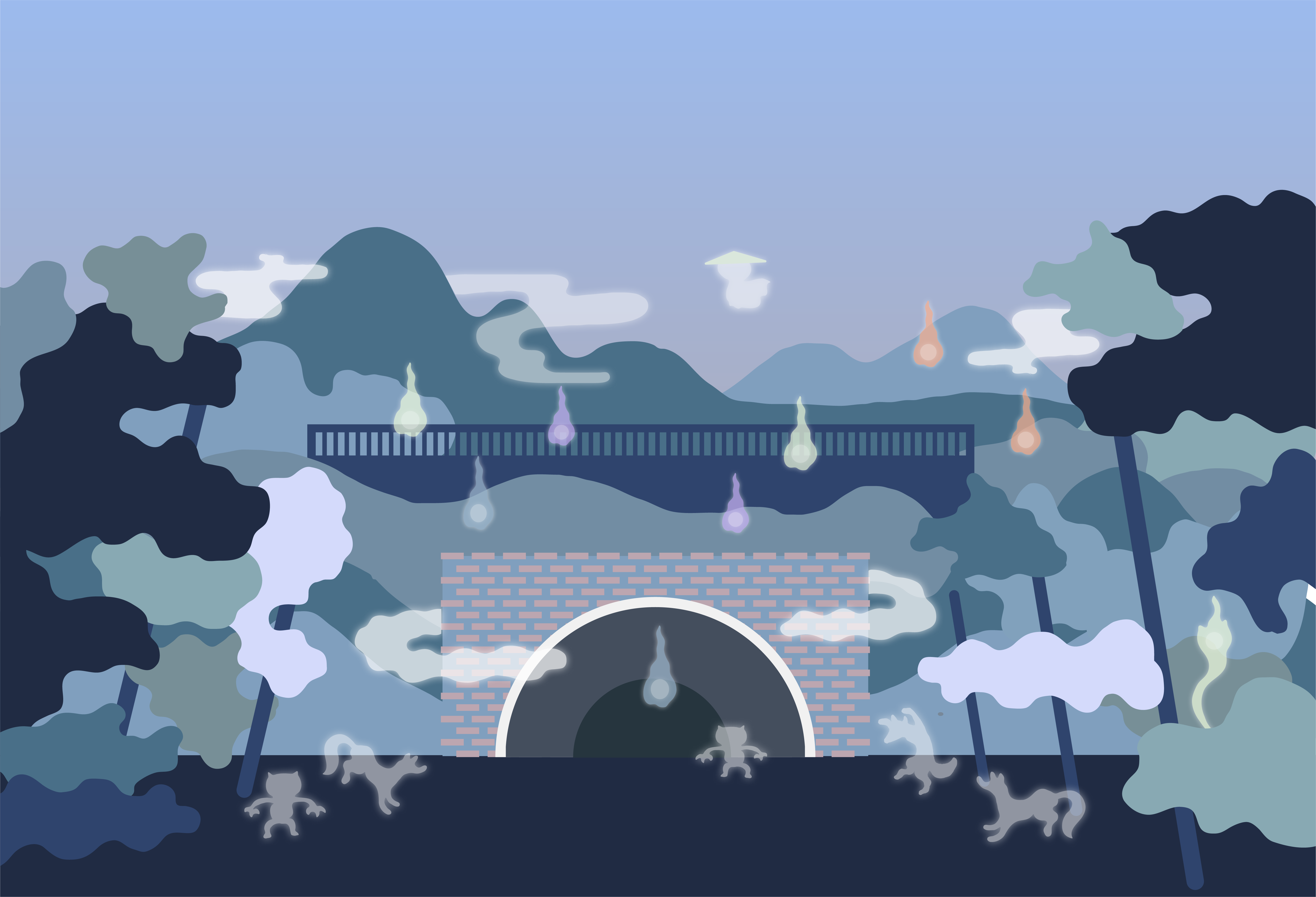 산과 나무들 사이에 벽돌로 된 터널이 있다. 주위에는 색색의 불빛들이 떠 있다. 어두운 땅 위에는 여우나 개, 도깨비나 사내아이의 그림자처럼 보이는 형체들이 놀고 있다.