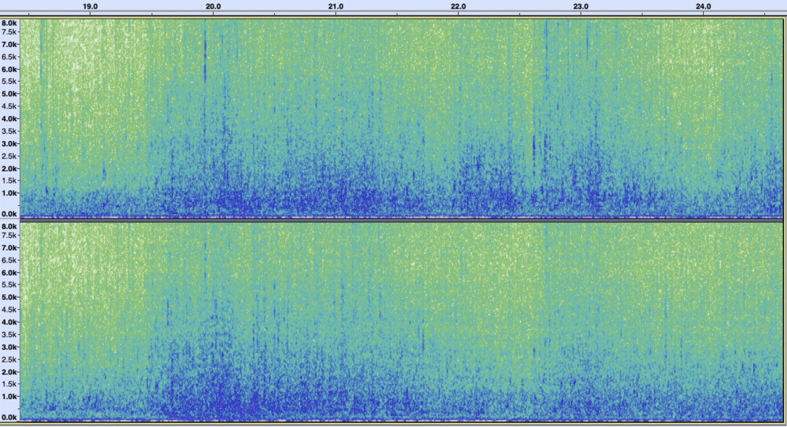 두번째 사운드의 스펙트로그램 이미지로, 표의 하단 부는 붉은색, 상단부는 푸른색 계열로 이루어져 있다. 위아래로 오르내리는 패턴을 이룬다.